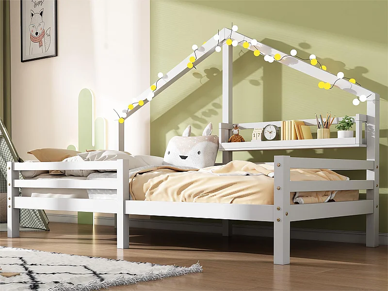 Lit cabane 90x200cm en bois massif - avec étagères - Blanc