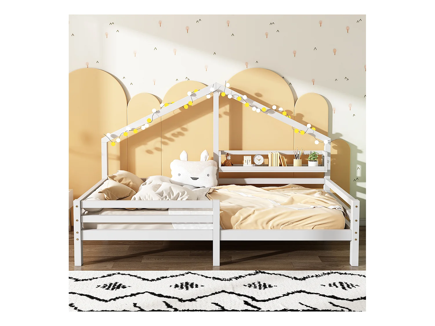 Lit cabane 90x200cm en bois massif - avec étagères - Blanc