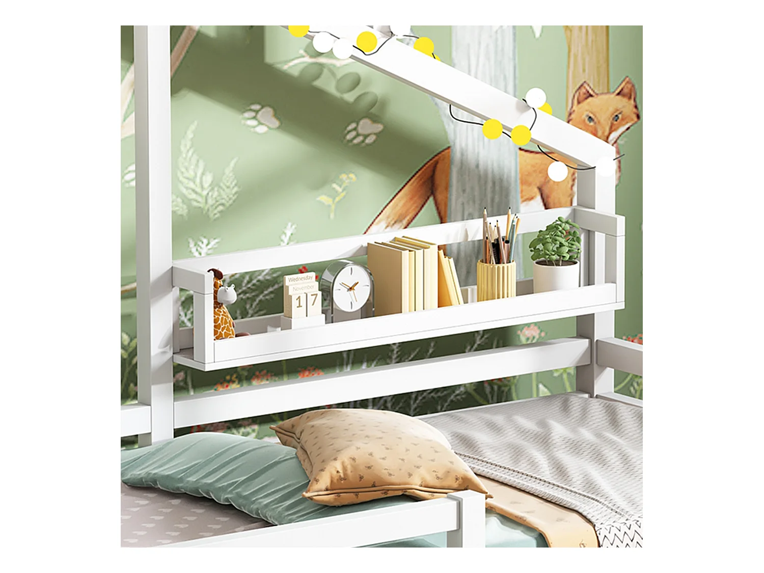 Lit cabane 90x200cm en bois massif - avec étagères - Blanc