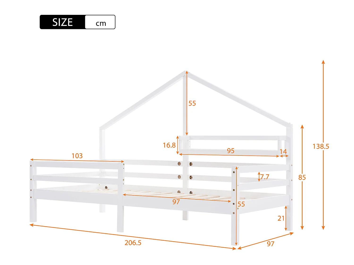 Lit cabane 90x200cm en bois massif - avec étagères - Blanc