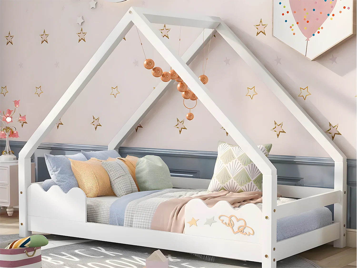 Lit cabane 80x160 cm - en bois de pin - avec proteciton antichute et sommier à lattes - Blanc