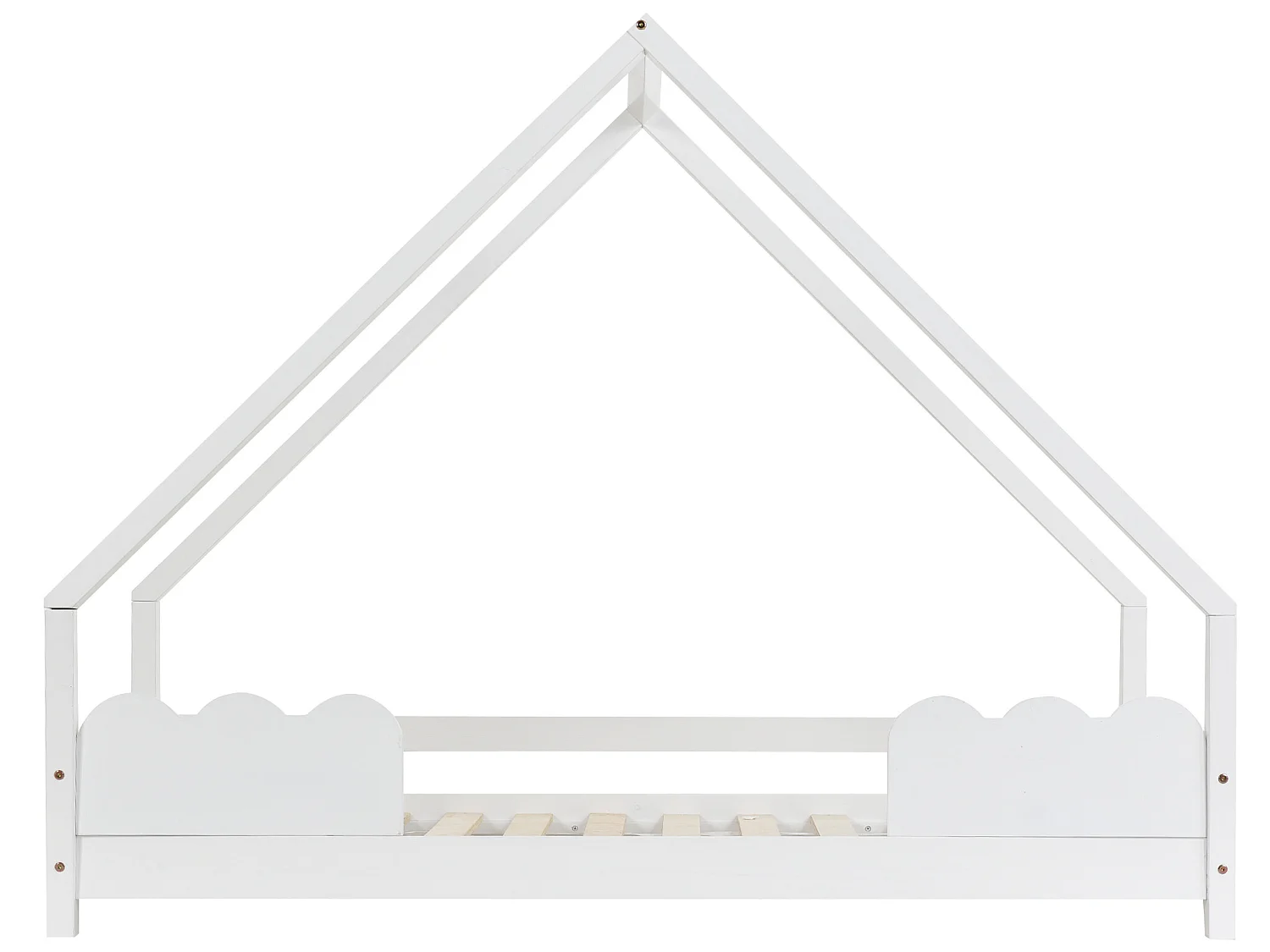 Lit cabane 80x160 cm - en bois de pin - avec proteciton antichute et sommier à lattes - Blanc