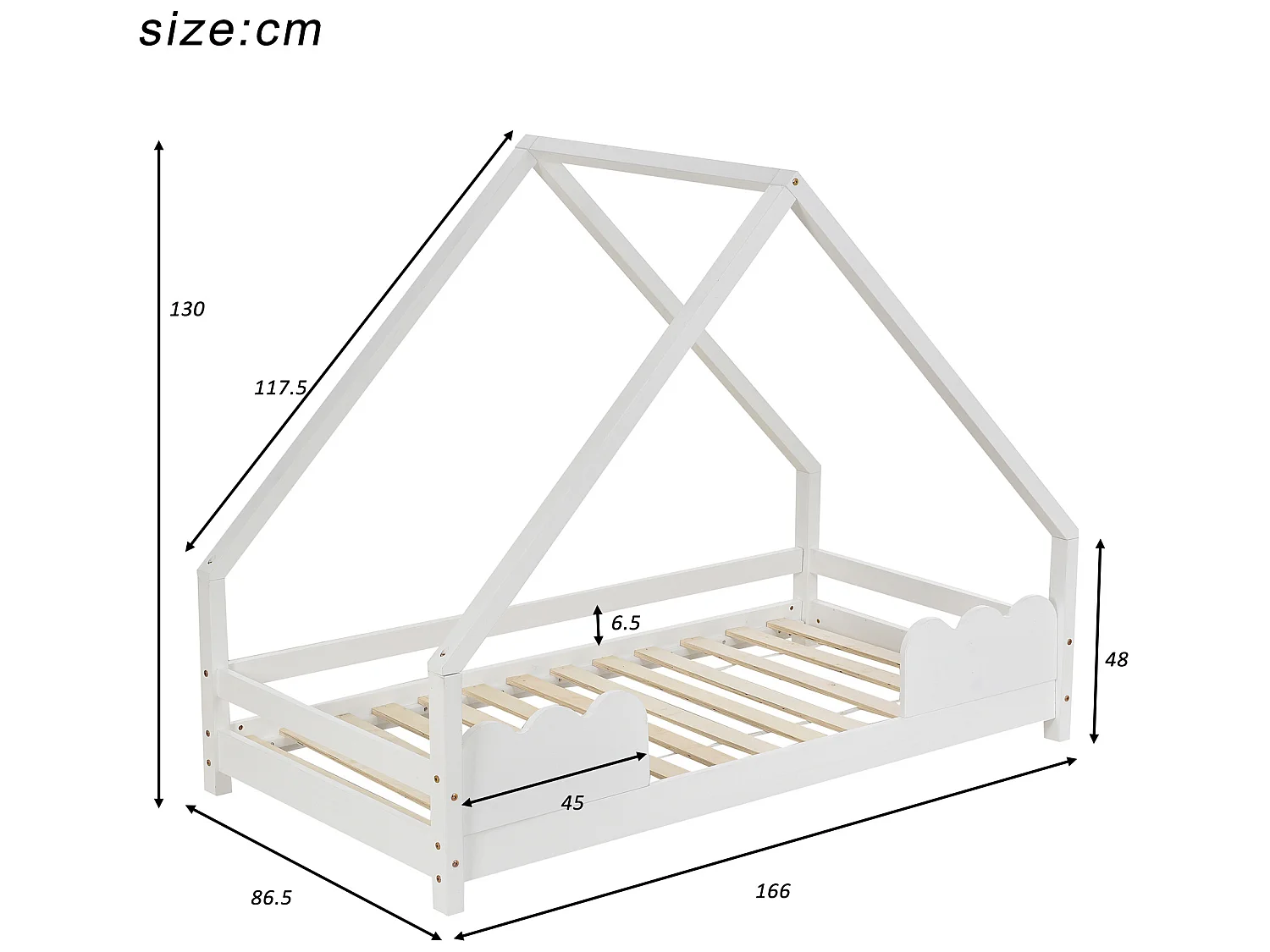 Lit cabane 80x160 cm - en bois de pin - avec proteciton antichute et sommier à lattes - Blanc