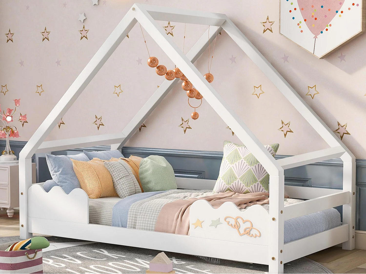 Houten huisje bed 90x200 cm - van grenenhout - met valbeveiliging en lattenbodem - Wit