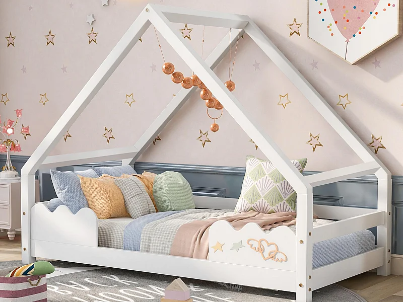 Houten huisje bed 90x200 cm - van grenenhout - met valbeveiliging en lattenbodem - Wit