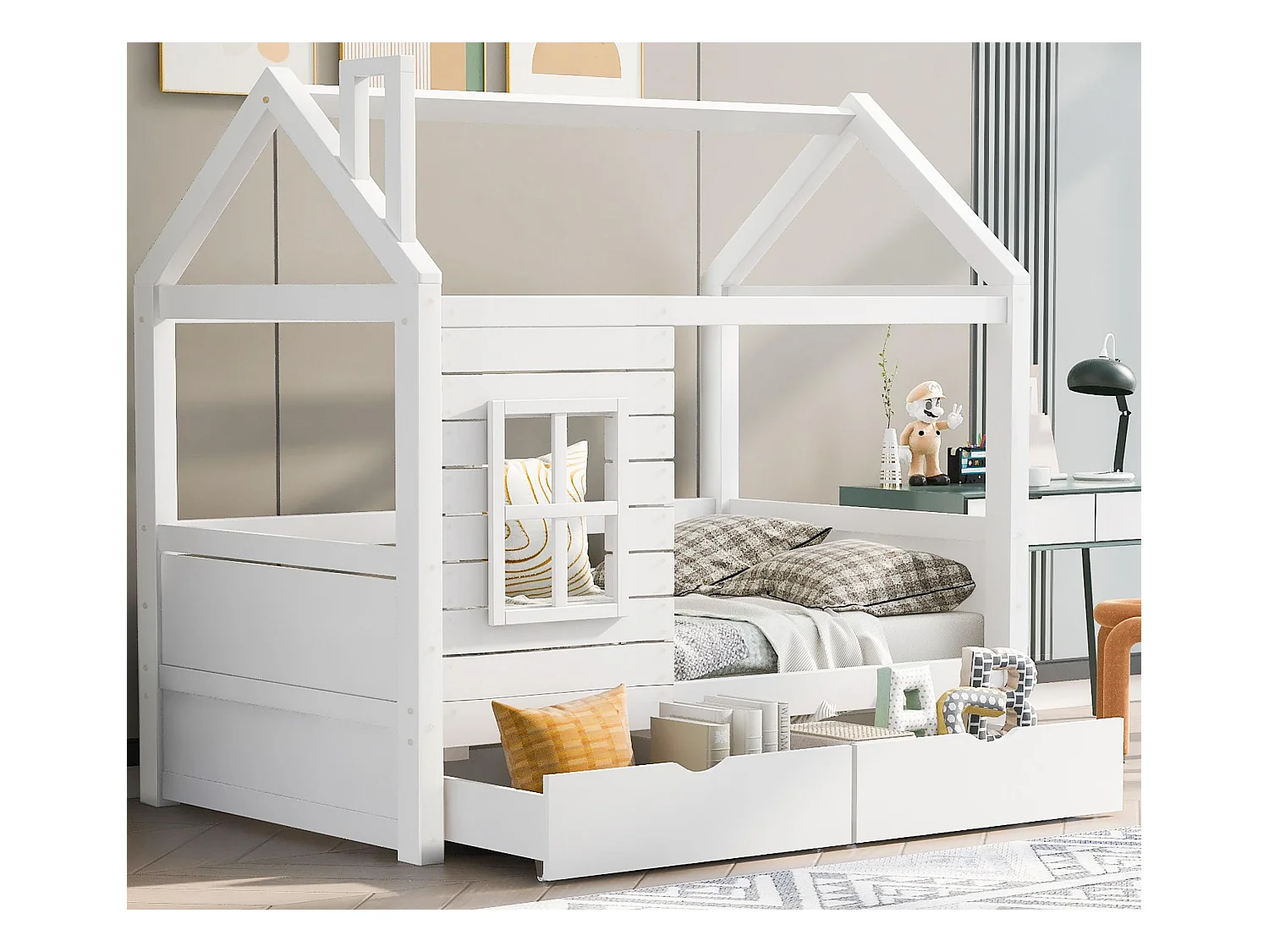 Letto a castello 80x160 cm con 2 cassetti - a forma di casa - in legno massello - Bianco