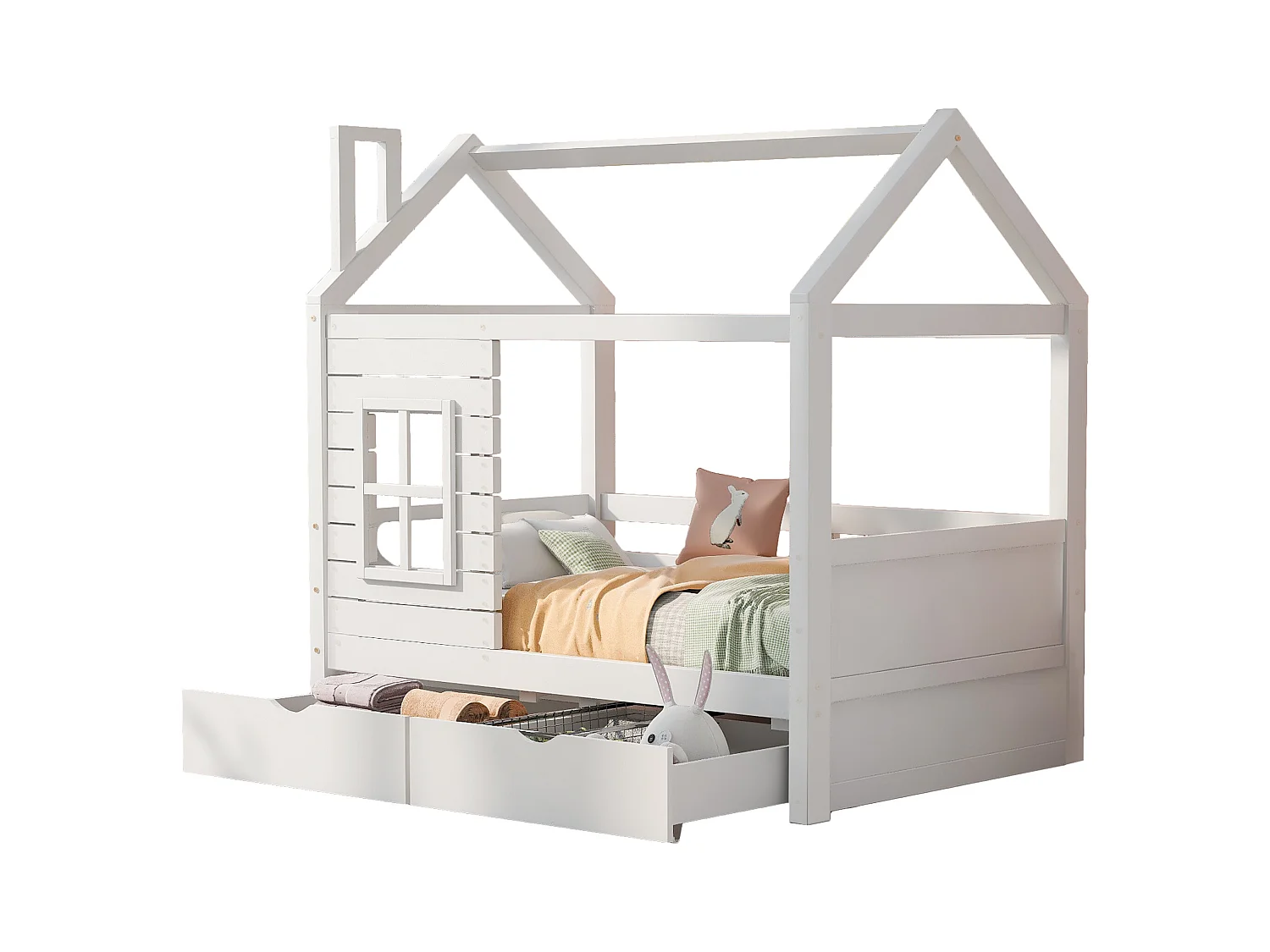 Lit cabane 80x160 cm avec 2 tiroirs - en forme de maison - en bois massif - Blanc