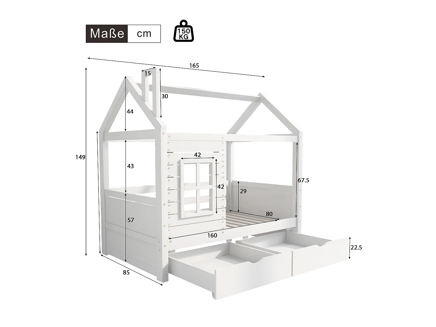 Lit cabane 80x160 cm avec 2 tiroirs - en forme de maison - en bois massif - Blanc