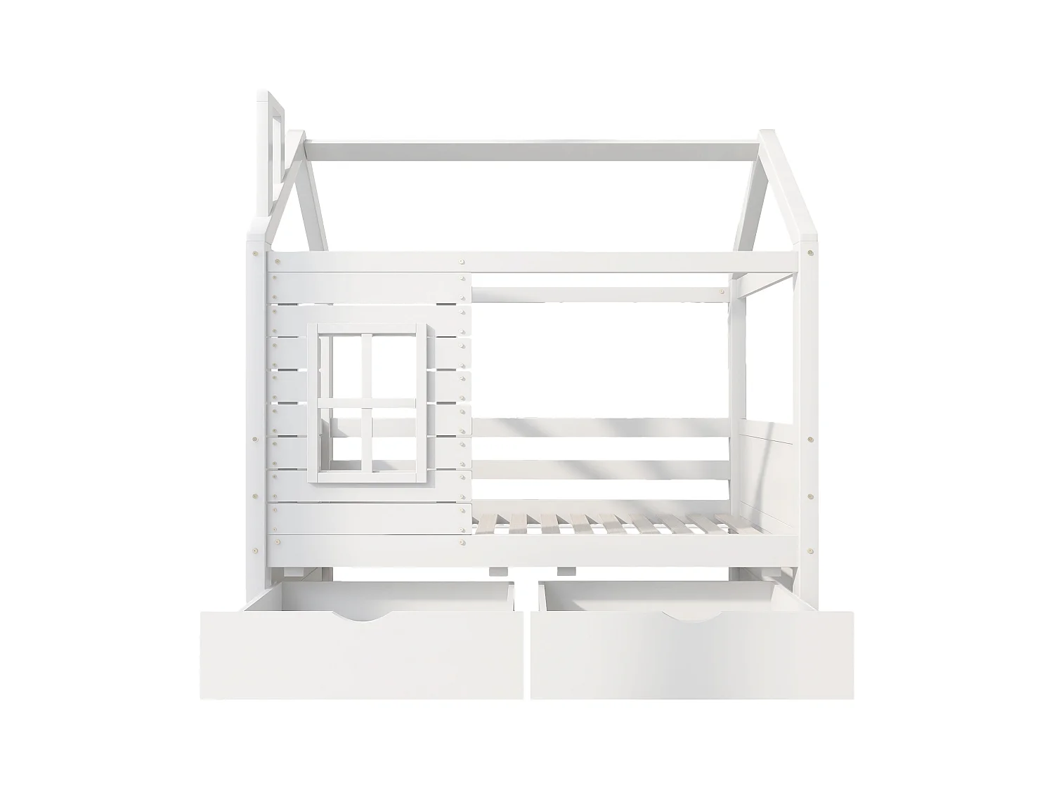 Lit cabane 80x160 cm avec 2 tiroirs - en forme de maison - en bois massif - Blanc