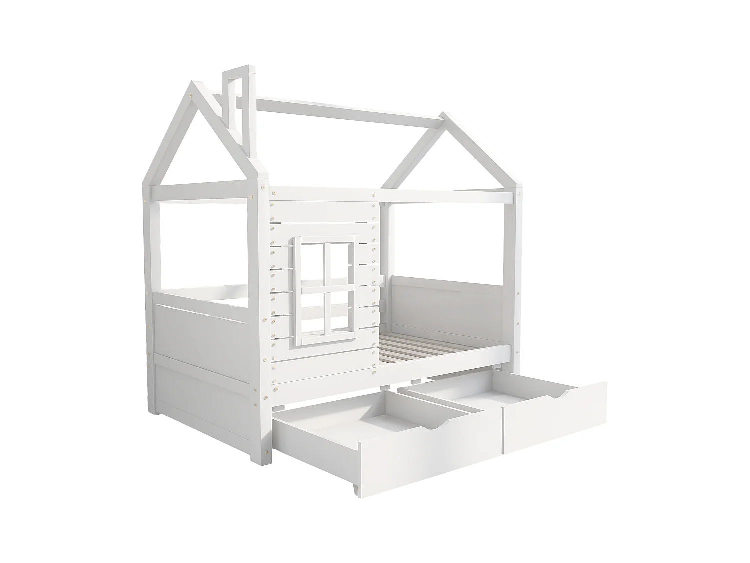 Lit cabane 80x160 cm avec 2 tiroirs - en forme de maison - en bois massif - Blanc