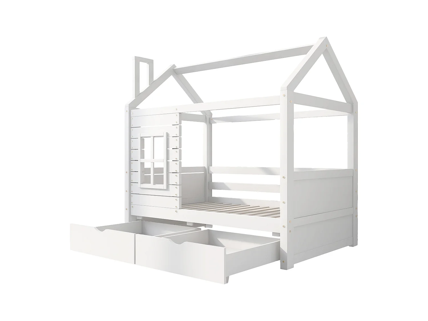 Lit cabane 80x160 cm avec 2 tiroirs - en forme de maison - en bois massif - Blanc