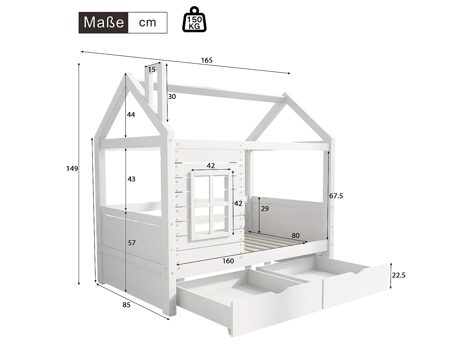 Lit cabane 80x160 cm avec 2 tiroirs - en forme de maison - en bois massif - Blanc