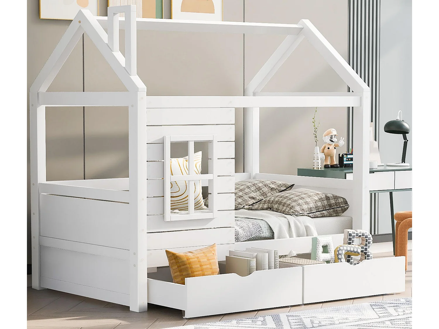 Letto a castello 80x160 cm con 2 cassetti - a forma di casa - in legno massello - Bianco