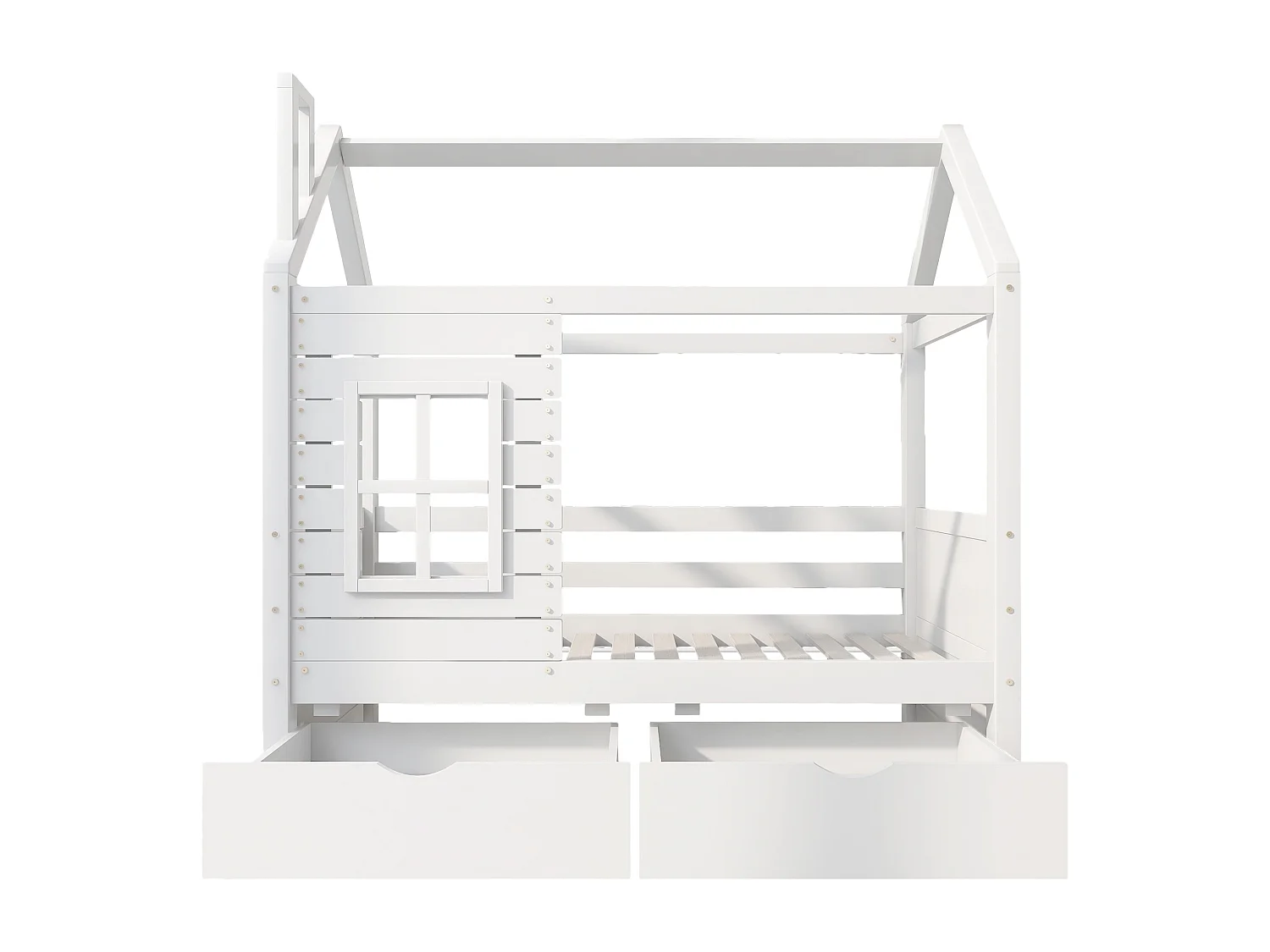 Letto a castello 80x160 cm con 2 cassetti - a forma di casa - in legno massello - Bianco