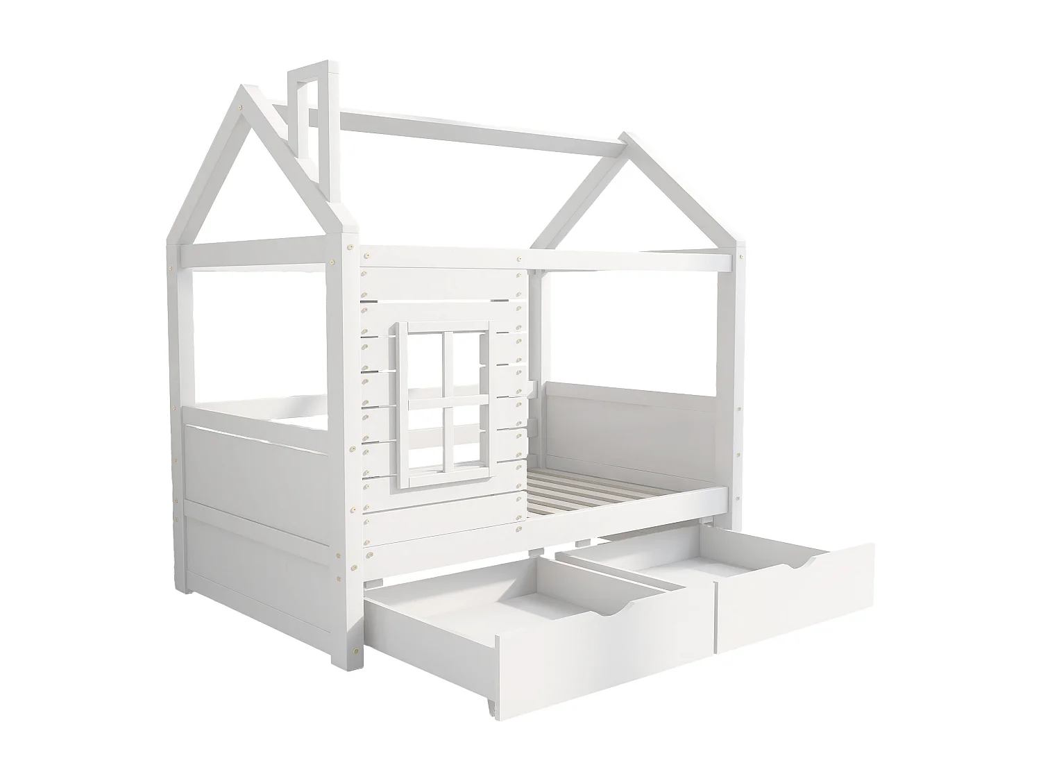 Letto a castello 80x160 cm con 2 cassetti - a forma di casa - in legno massello - Bianco