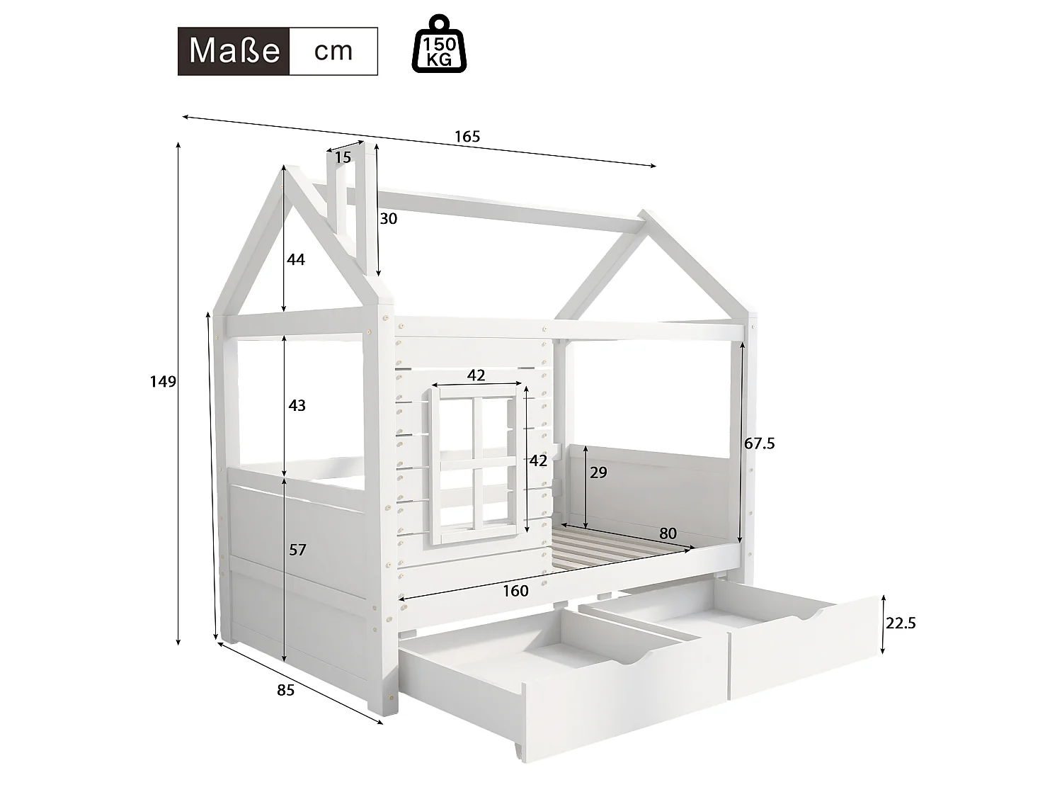 Lit cabane 80x160 cm avec 2 tiroirs - en forme de maison - en bois massif - Blanc