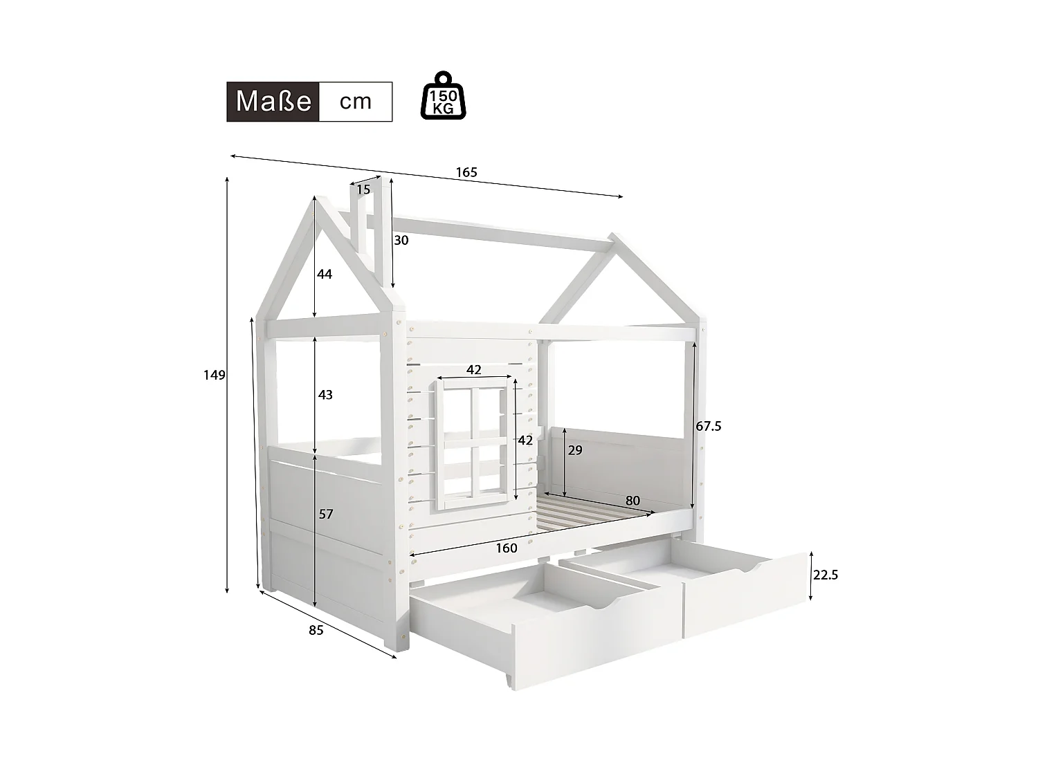 Letto a castello 80x160 cm con 2 cassetti - a forma di casa - in legno massello - Bianco