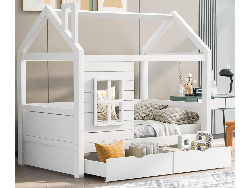Camarote 80x160 cm con 2 cajones - forma de casa - madera maciza - Blanco