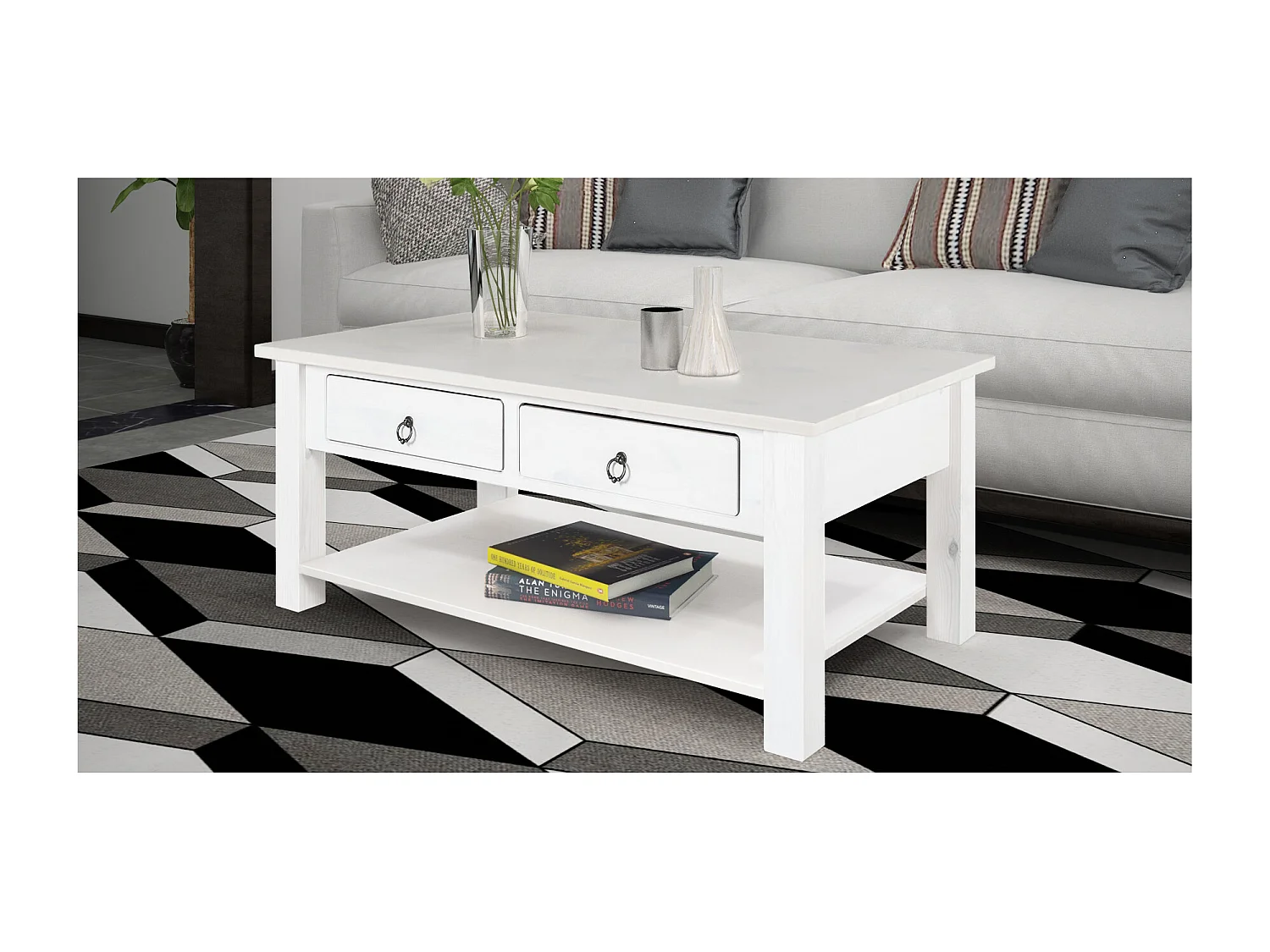 Ines | Table basse avec 2 tiroirs en pin blanc