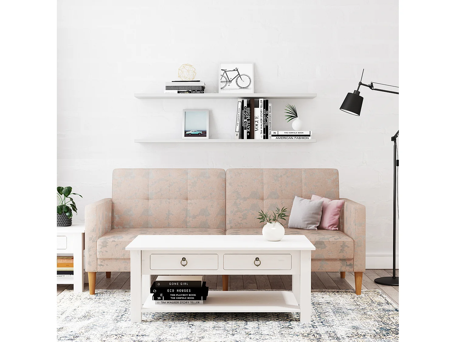 Ines | Table basse avec 2 tiroirs en pin blanc