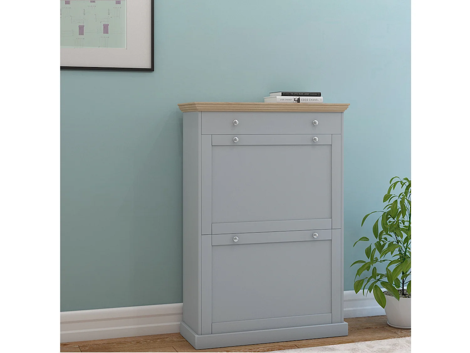 Binz|Coffre à chaussures 2 portes battantes et 1 tiroir en effet bois gris