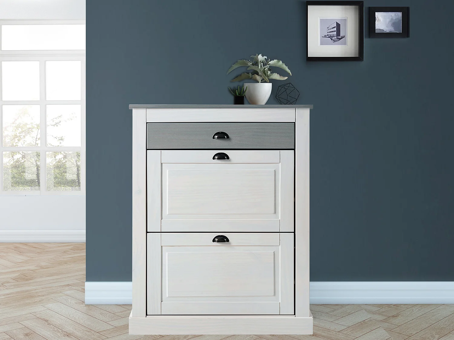 Paco: Cómoda com 2 abas e 1 espaço aberto em MDF branco