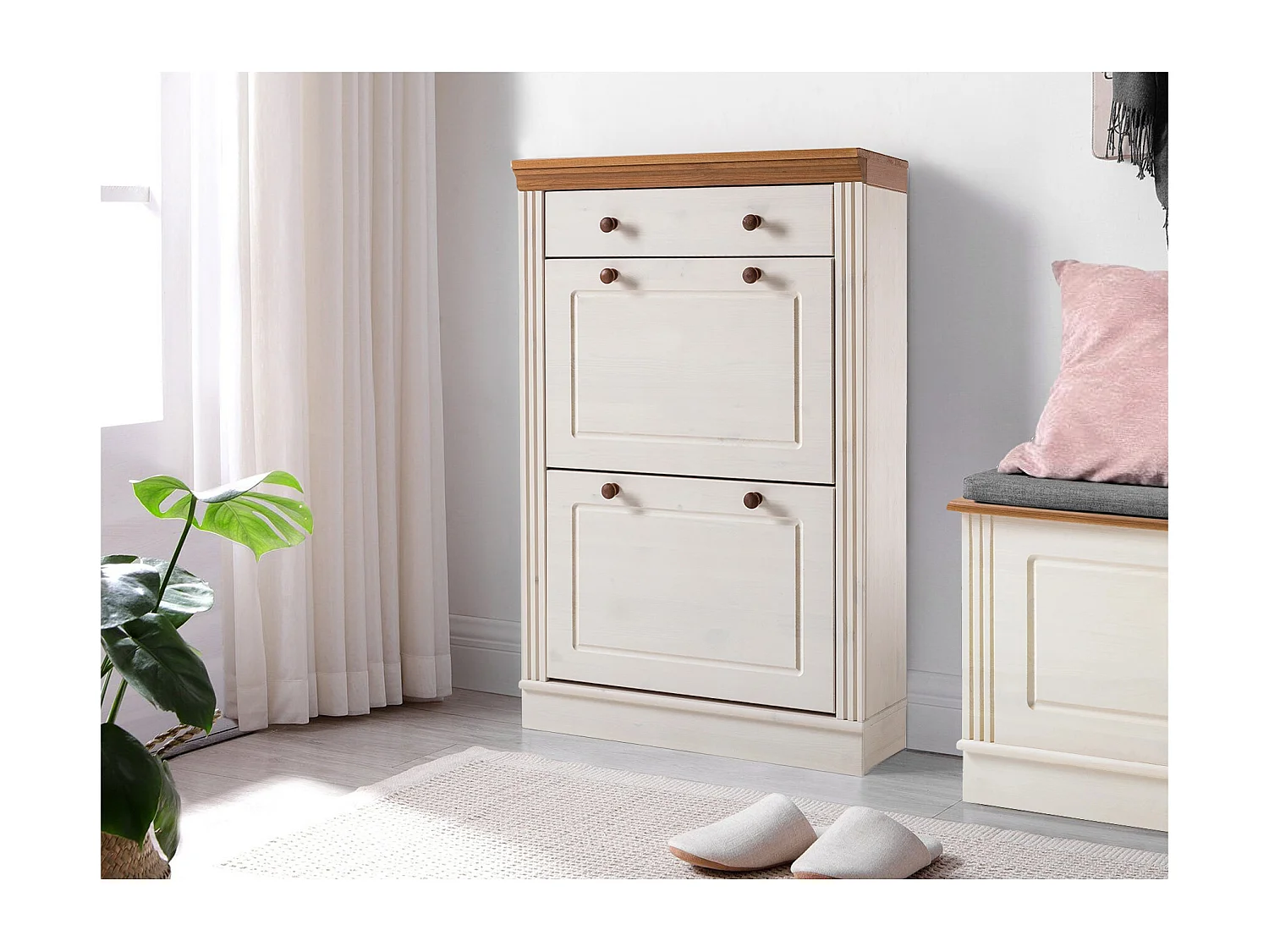 Anita|Coffre à chaussures 2 portes battantes et 1 tiroir en pin blanc/miel