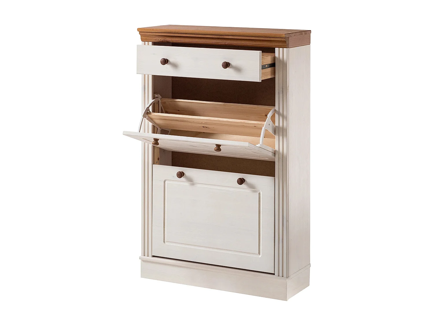 Anita|Coffre à chaussures 2 portes battantes et 1 tiroir en pin blanc/miel