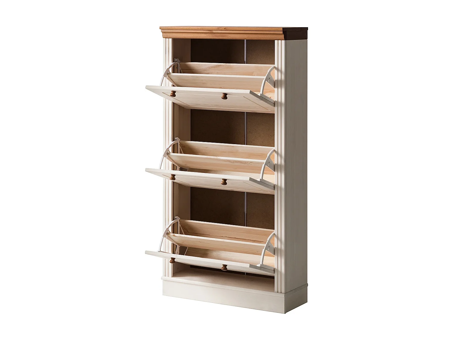 Anita|Coffre à chaussures avec 3 portes battantes en pin blanc/miel