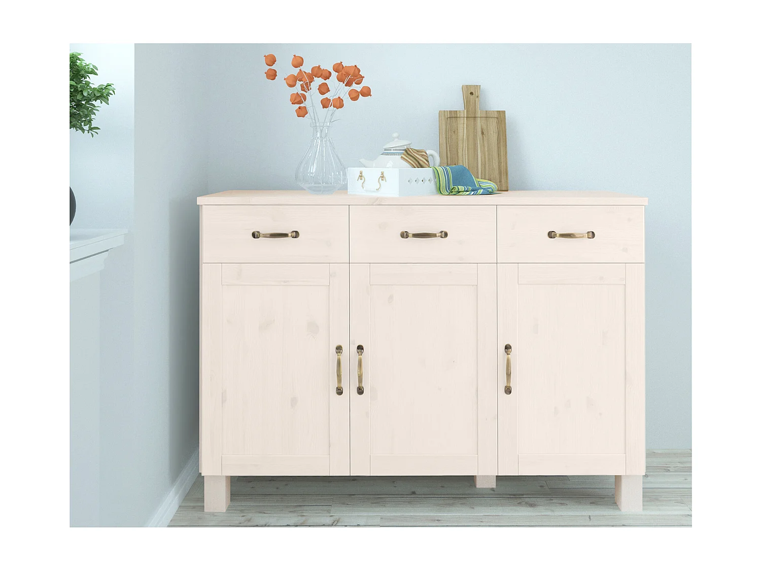 Alby | Buffet en bois de pin massif blanc avec 2 tiroirs et 3 portes