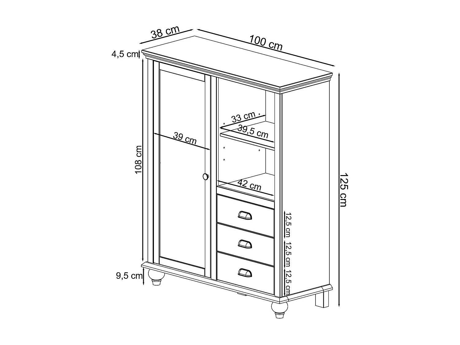 Hanna | Buffet haut avec 3 tiroirs et 1 porte