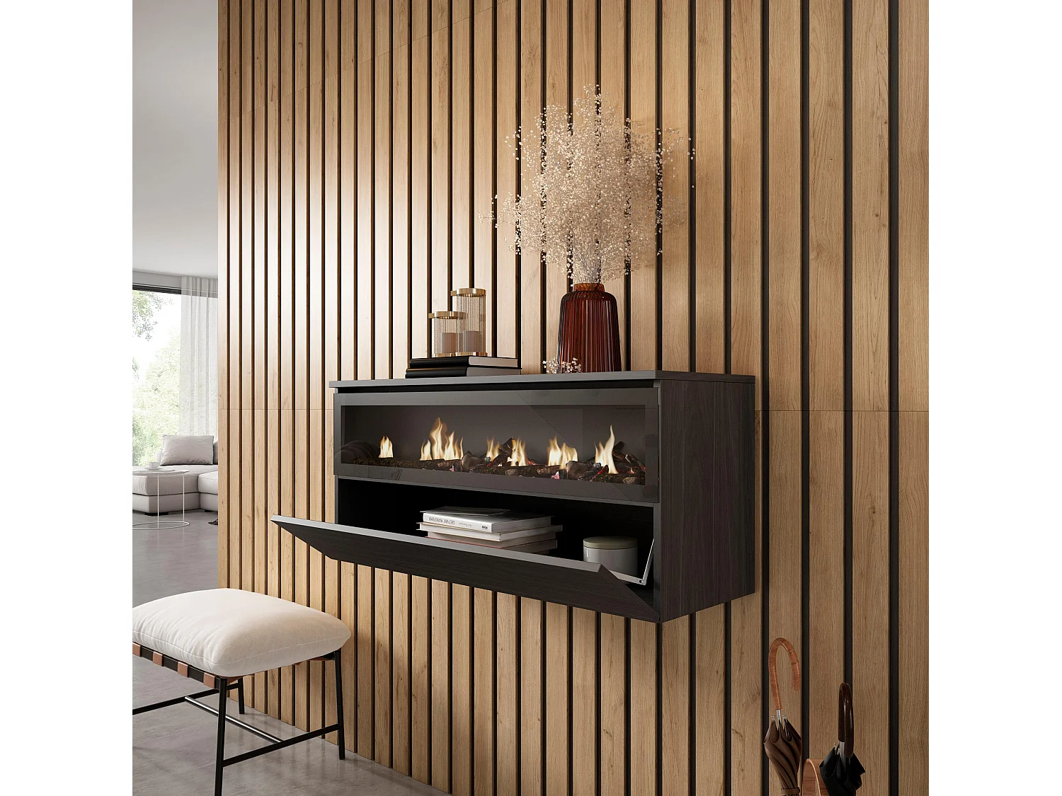 Elektrokamin LED, 102x45x35cm, 1 Öffnung, 1 Tür, Elektrokamin. Maße, Hängend, Schwarz