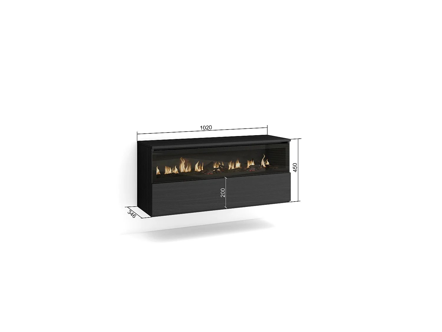 Cheminée électrique LED, 102x35x45cm, 1 ouverture, 1 porte, Cheminée électrique, Suspendu, Mural, Noir