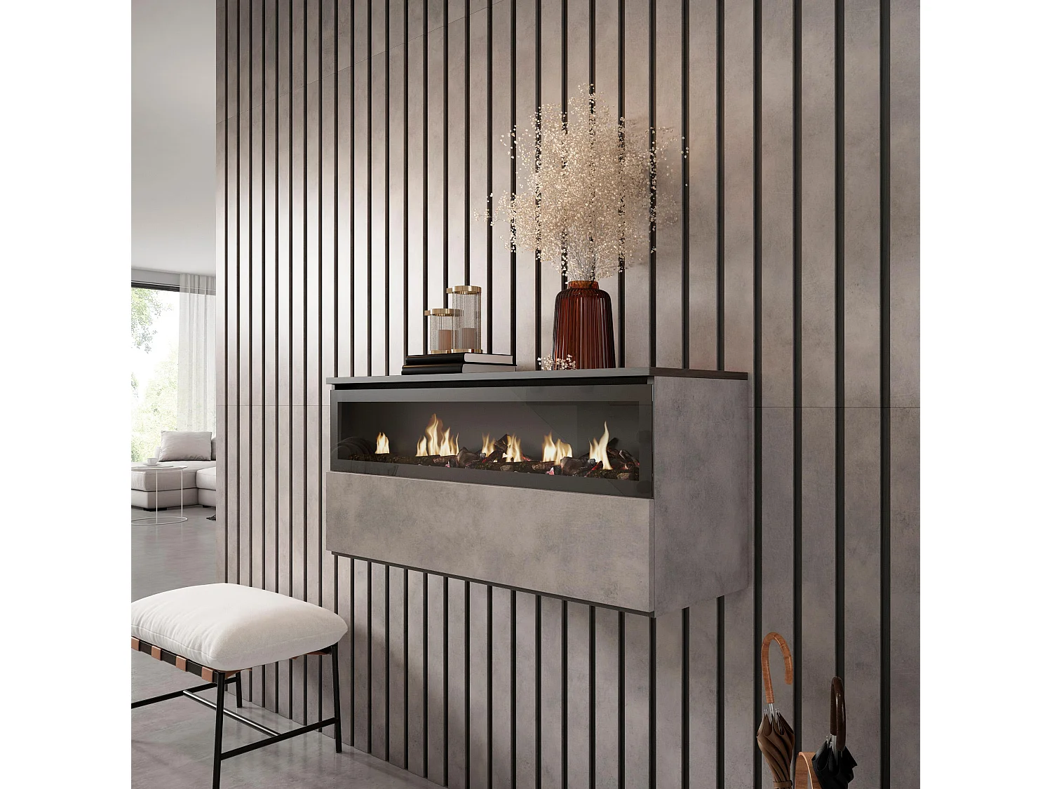 Cheminée électrique LED, 102x35x45cm, 1 ouverture, 1 porte, Cheminée électrique, Suspendu, Mural, Ciment