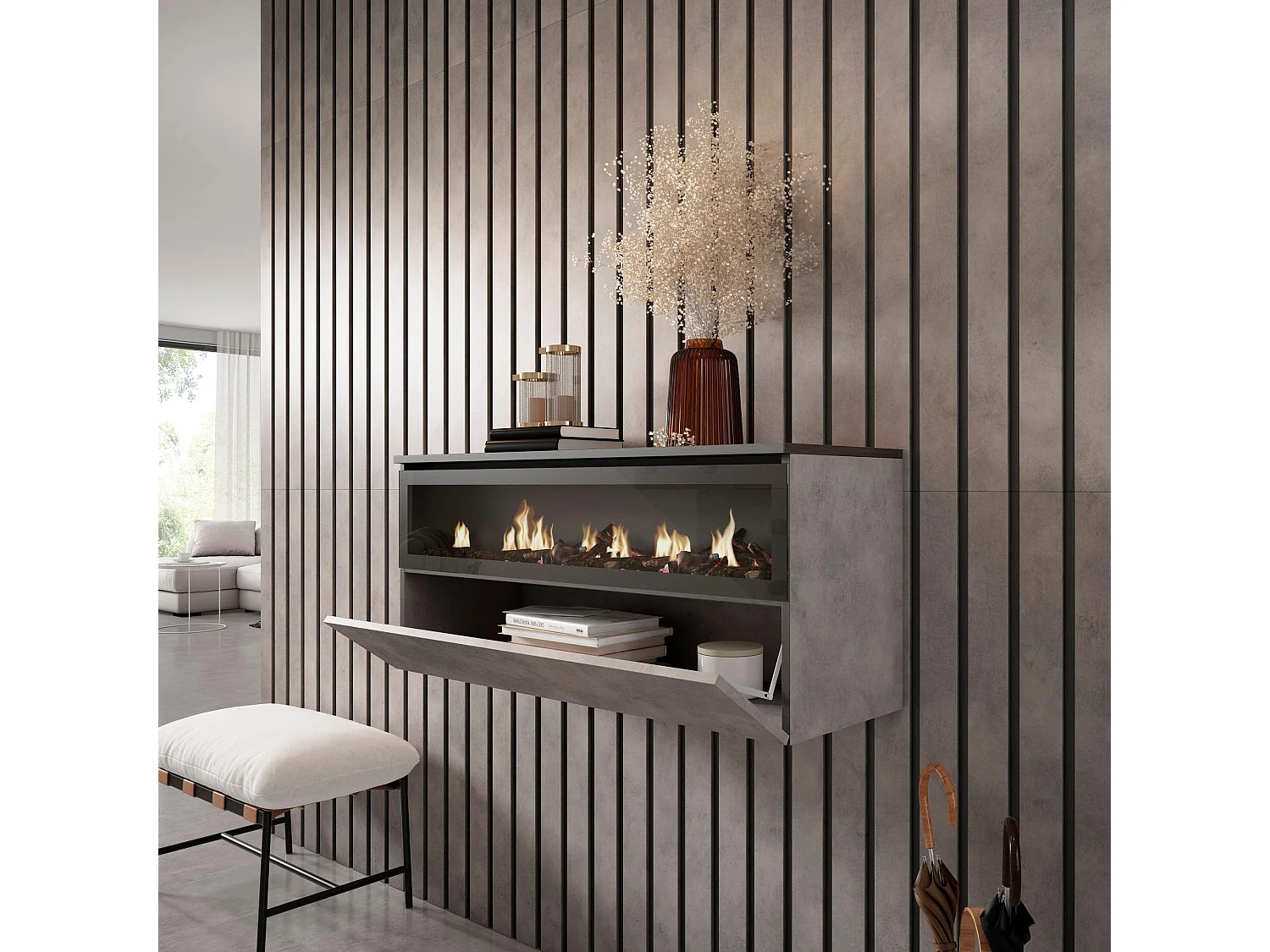 Cheminée électrique LED, 102x35x45cm, 1 ouverture, 1 porte, Cheminée électrique, Suspendu, Mural, Ciment