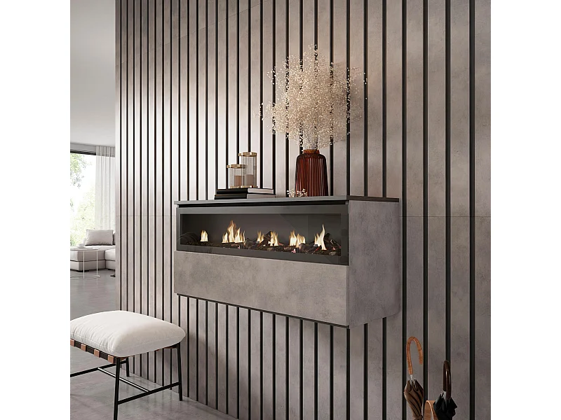 Cheminée électrique LED, 102x35x45cm, 1 ouverture, 1 porte, Cheminée électrique, Suspendu, Mural, Ciment