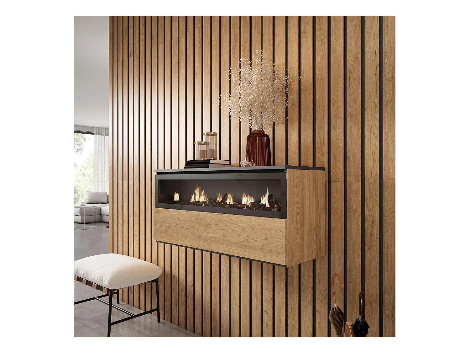 Cheminée électrique LED, 102x35x45cm, 1 ouverture, 1 porte, Cheminée électrique, Suspendu, Mural, Chêne et noir