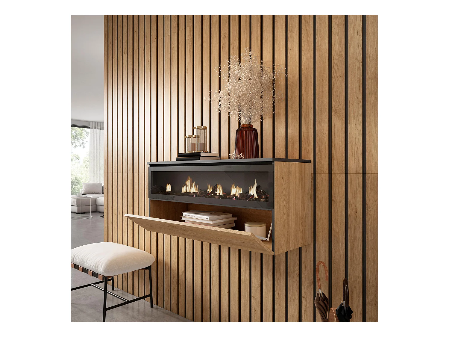 Cheminée électrique LED, 102x35x45cm, 1 ouverture, 1 porte, Cheminée électrique, Suspendu, Mural, Chêne et noir