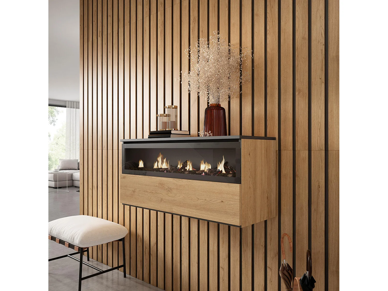 Cheminée électrique LED, 102x35x45cm, 1 ouverture, 1 porte, Cheminée électrique, Suspendu, Mural, Chêne et noir