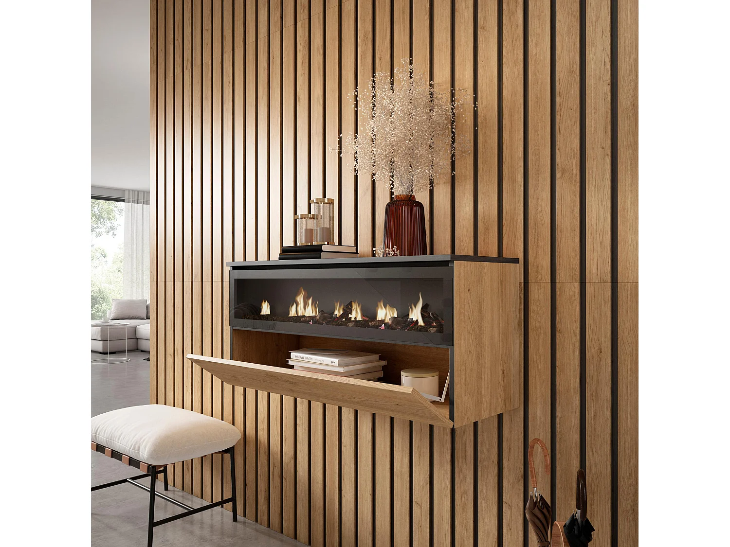 Cheminée électrique LED, 102x35x45cm, 1 ouverture, 1 porte, Cheminée électrique, Suspendu, Mural, Chêne et noir