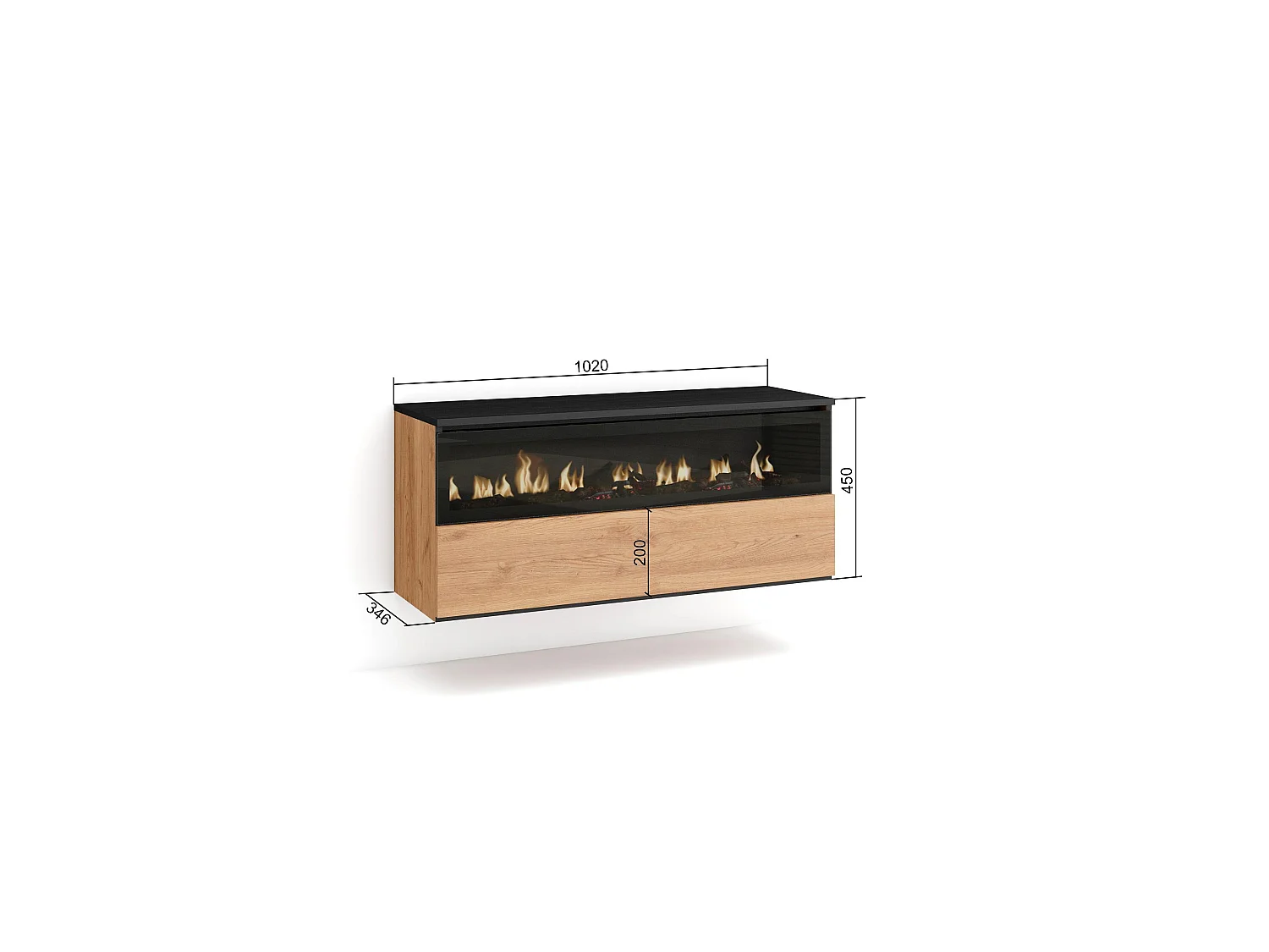 Elektrische haard LED , 102x35x45cm, 1 opening, 1 deur, Elektrische haard, Hangend, Eiken/Zwart