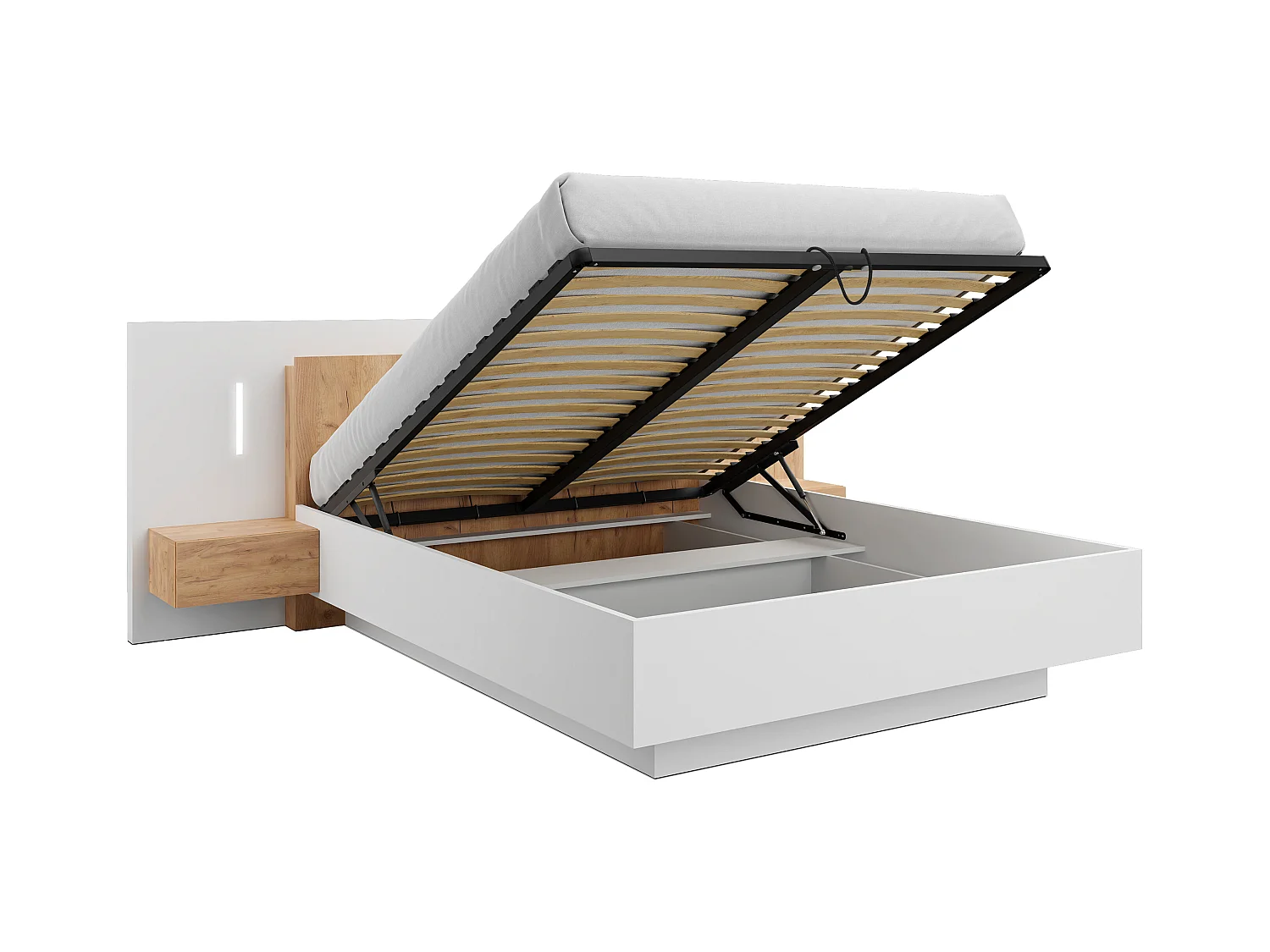 Förvaringssäng 160 × 200 cm med nattduksbord med 2 lådor i vit och natur med LED-belysning FRANCOLI