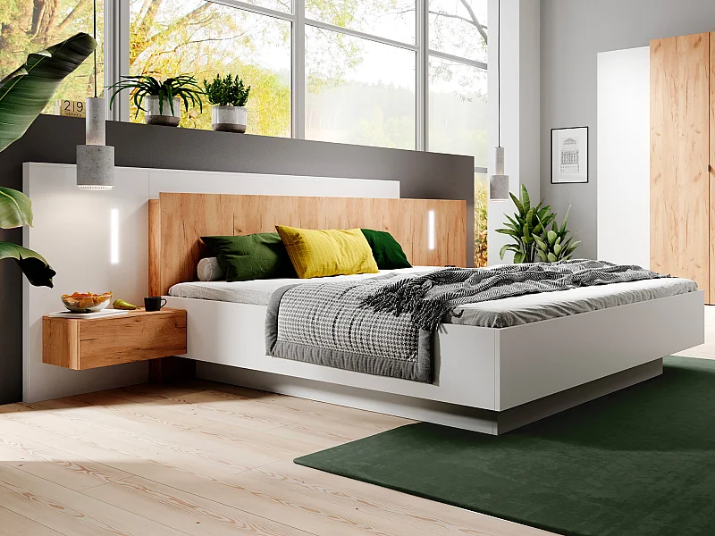 Lit coffre avec chevets 160 x 200 cm - 2 tiroirs - Avec LEDs - Coloris : Blanc et naturel - FRANCOLI