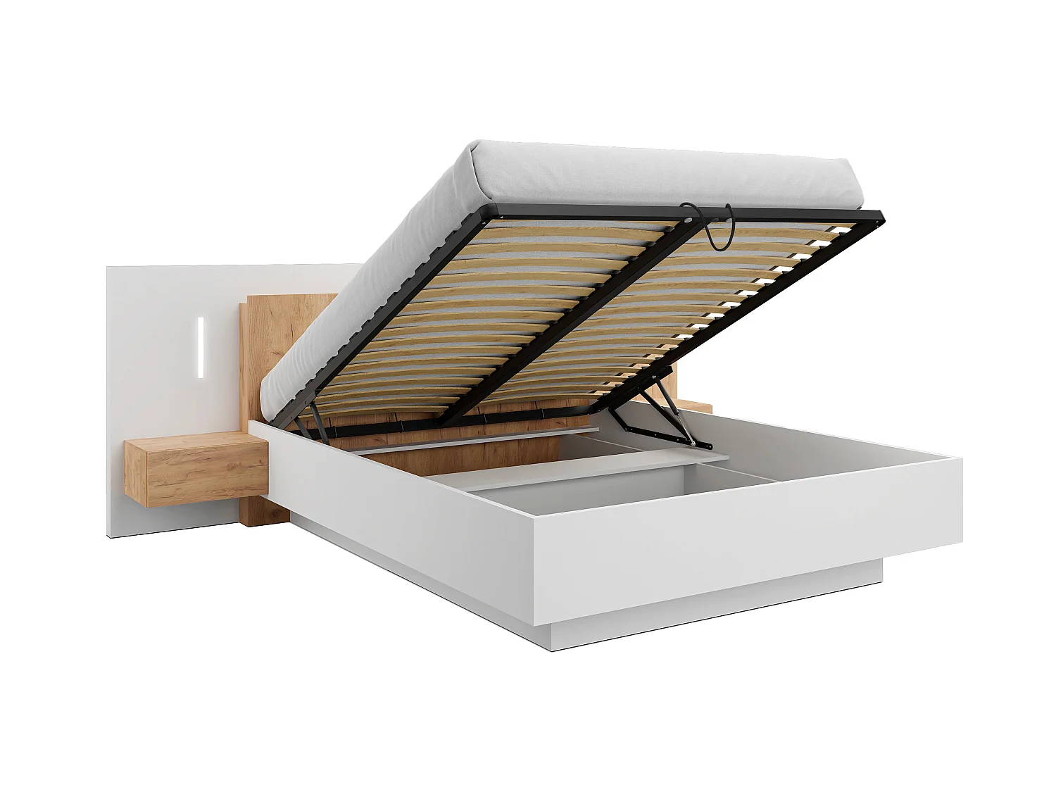 Letto con vano con comodini + Materasso - 2 cassetti - con LED - 160 x 200 cm - Bianco e Naturale - FRANCOLI