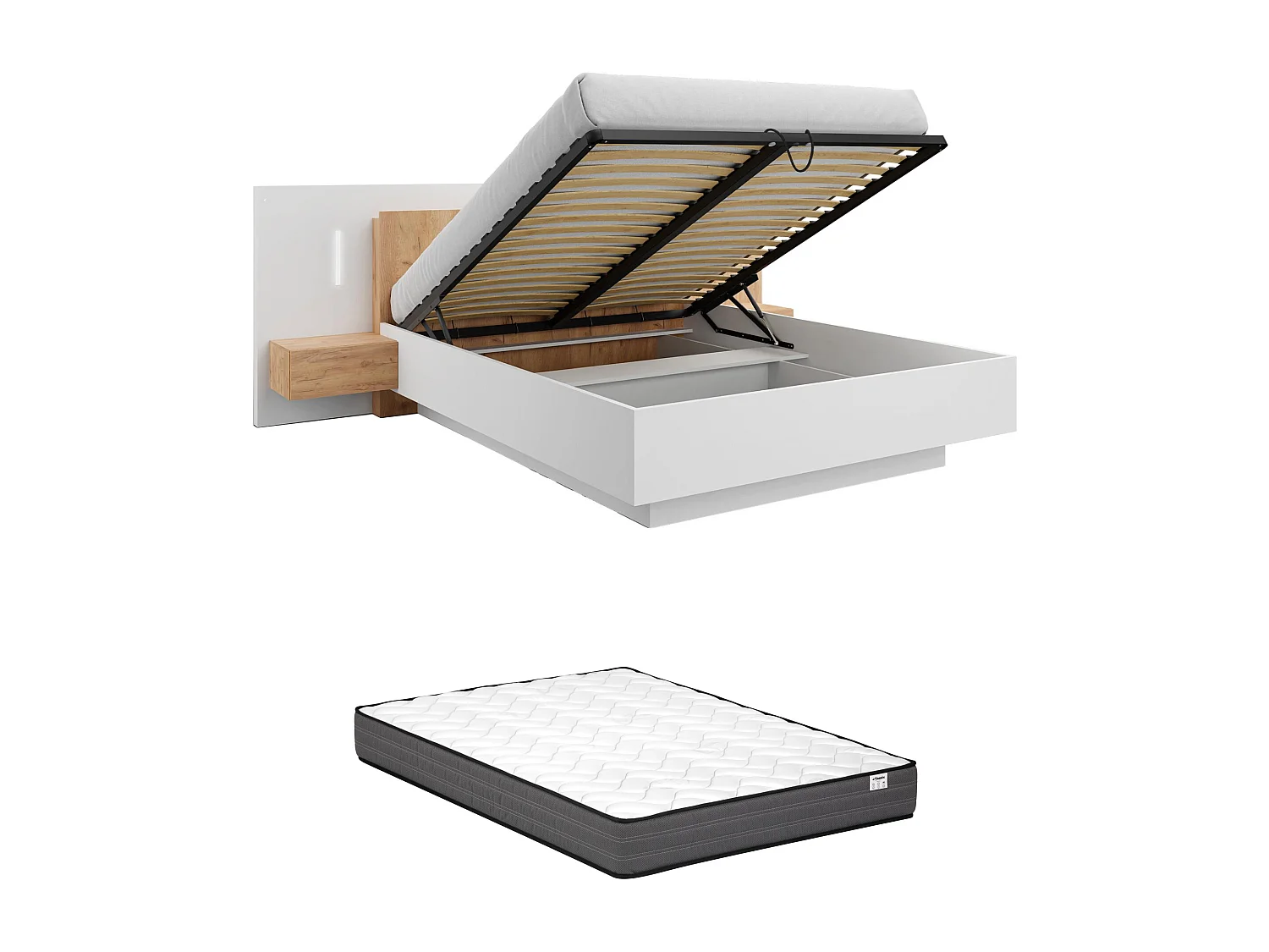 Letto con vano con comodini + Materasso - 2 cassetti - con LED - 160 x 200 cm - Bianco e Naturale - FRANCOLI
