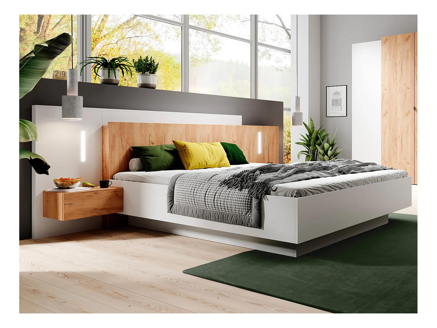 Lit coffre avec chevets 160 x 200 cm - 2 tiroirs - Avec LEDs - Coloris : Blanc et naturel + Matelas - FRANCOLI