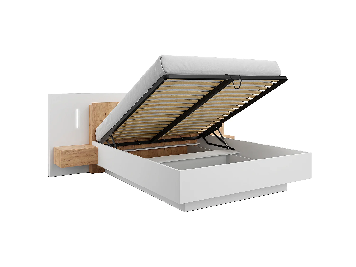 Lit coffre avec chevets 160 x 200 cm - 2 tiroirs - Avec LEDs - Coloris : Blanc et naturel + Matelas - FRANCOLI