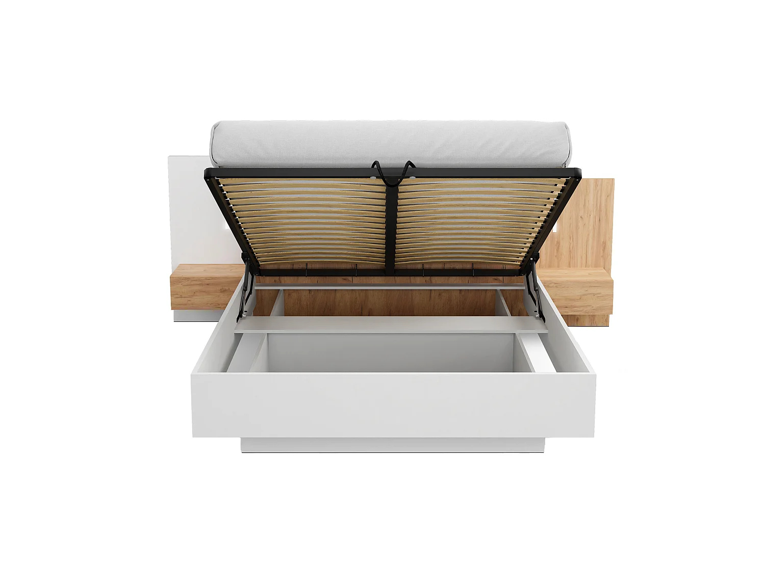 Lit coffre avec chevets 160 x 200 cm - 2 tiroirs - Avec LEDs - Coloris : Blanc et naturel + Matelas - FRANCOLI