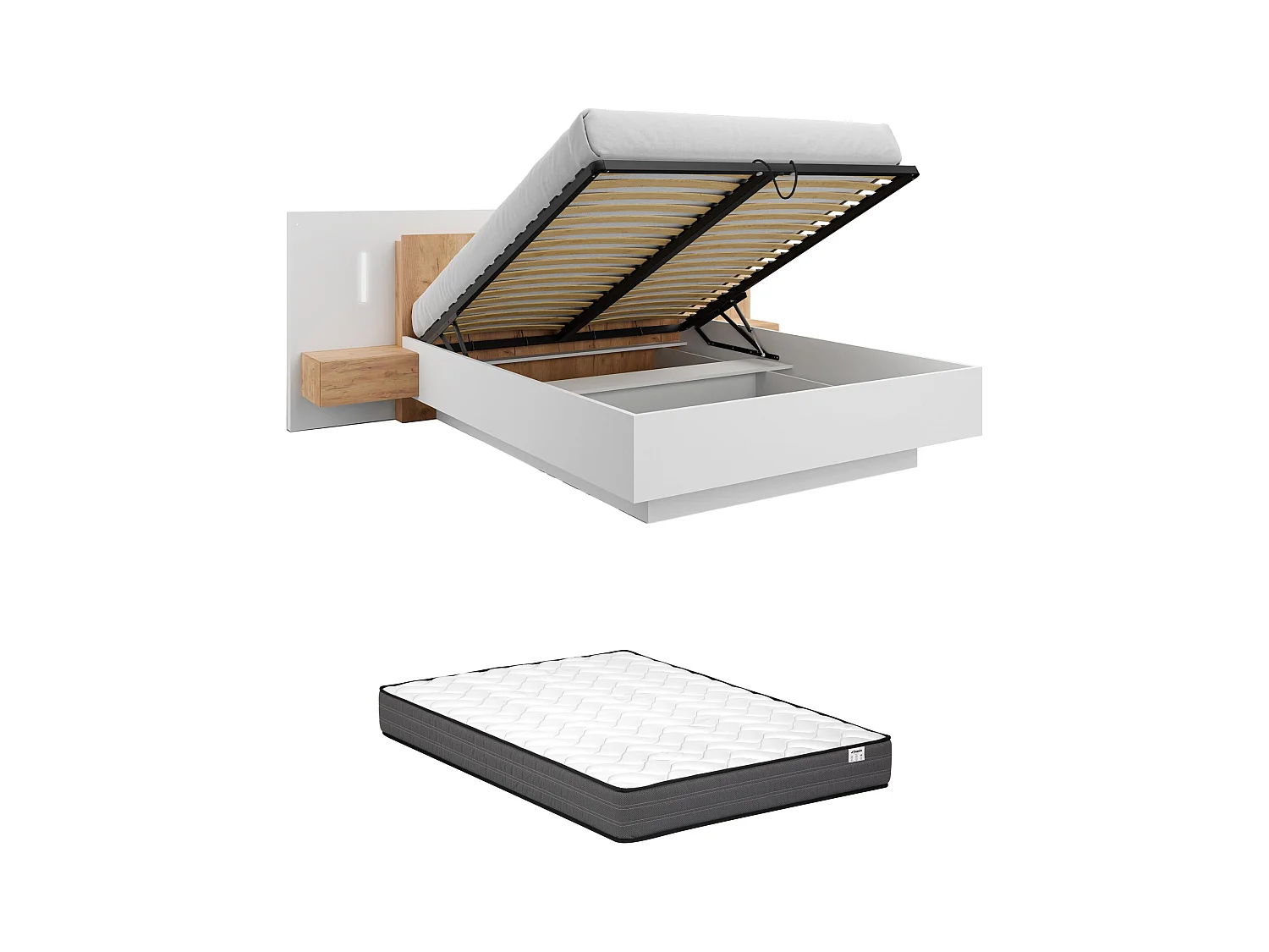 Lit coffre avec chevets 160 x 200 cm - 2 tiroirs - Avec LEDs - Coloris : Blanc et naturel + Matelas - FRANCOLI