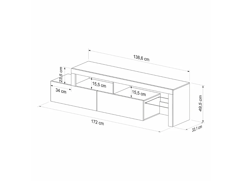 TV-meubel - 172 cm wotan eiken - zwarte voorkant - met LED - ASTEN